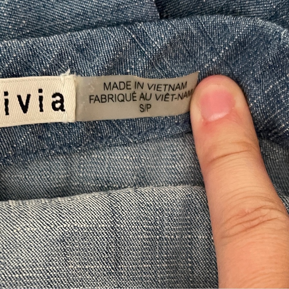 Alice + Oliva Alexia Off the Shoulder Ruffle Halter Mini Chambray Dress Small - Picture 6 of 15